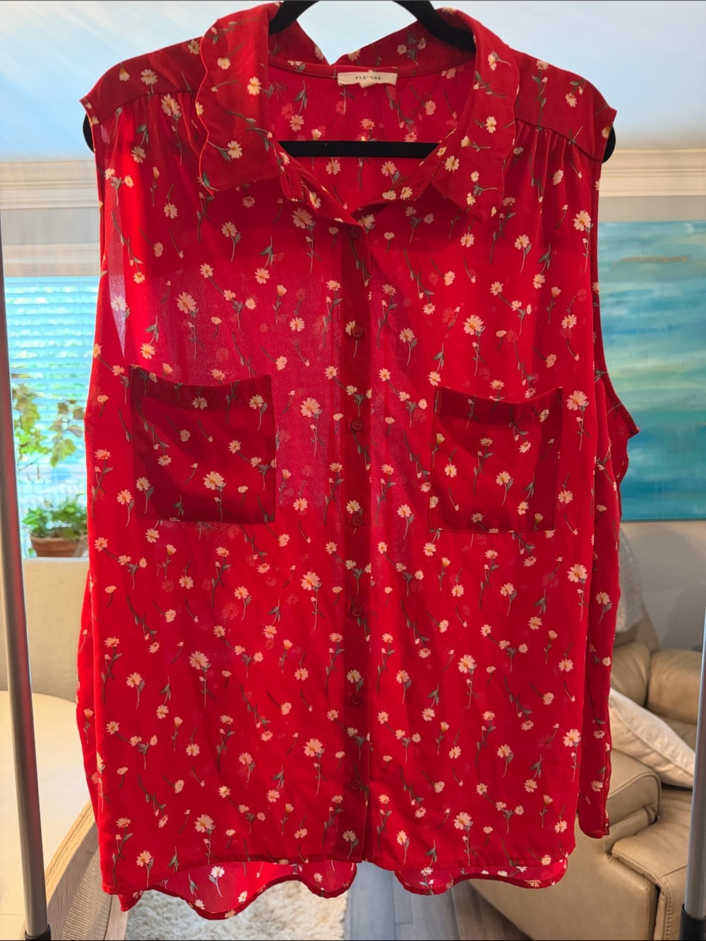 Pleione Red Floral Sleeveless Button-Front Camisole